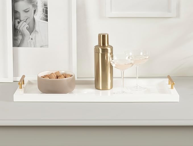 Kate and Laurel Halsey Rectangle Decorative Narrow Tray with Gold Metal Handles, 24 x 10, Green and Gold, Modern Glam Slim Serving Tray with Handles for Living Room Décor