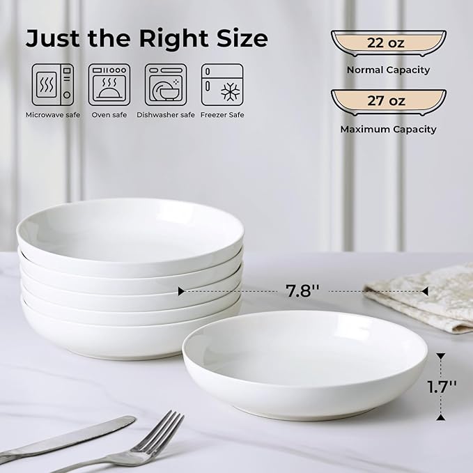 Y YHY Pasta Bowls for Small Portions, 22 Ounce Salad White Bowl Plates Set of 6, Porcelain Dishes for Serving Dinner - Dinnerware Sets Microwave Dishwasher Safe Thanksgiving Day Gift