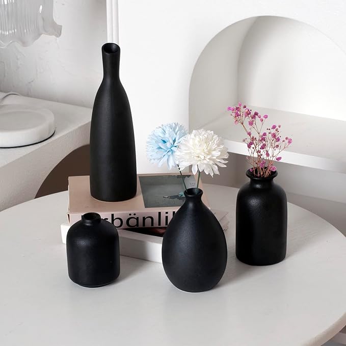 Black Ceramic Vase Set of 4, Classic Matte Vases Home Decorations for Table Shelf Office Decor (Black)