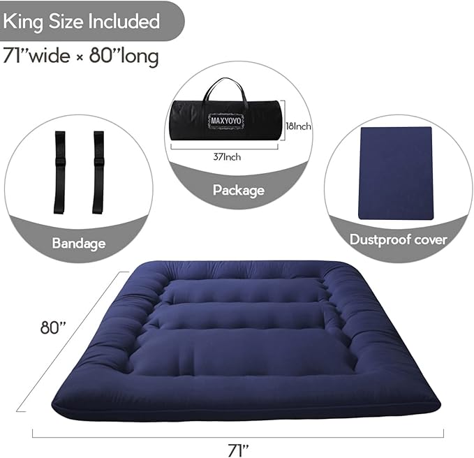 MAXYOYO Japanese Floor Mattress Futon Mattress, Thicken Tatami Mat Sleeping Pad Foldable Roll Up Mattress Boys Girls Dormitory Mattress Pad Kids Floor Lounger Pillow Bed, Navy, King