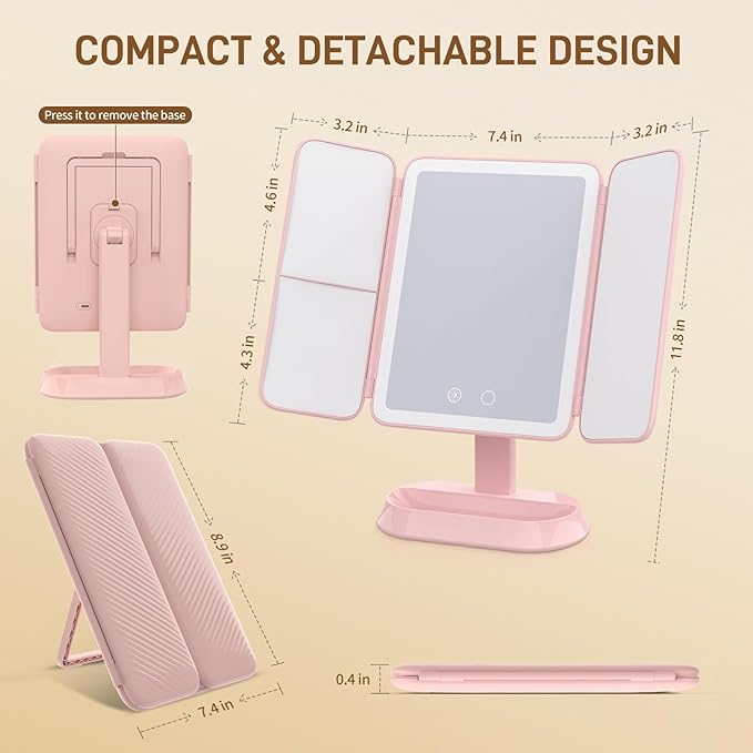 Rechargeable Trifold Makeup Mirror with Lights, 1X/3X/5X Magnification, Cordless 3-Color LED Vanity Mirror for Travel & Desk, Up to 20H Use, Ideal Gift for Women & Teens - Pink
