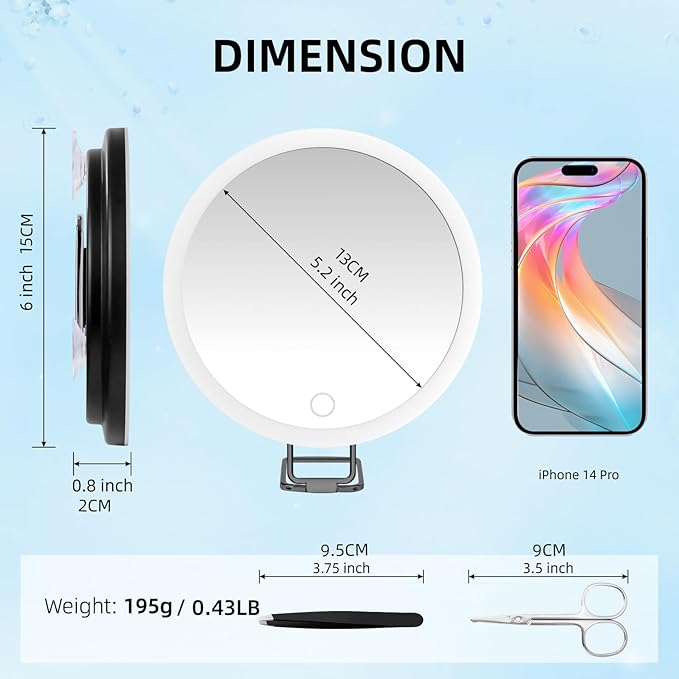 30x Magnifying Mirror with Light, Large 6" Rechargeable Lighted 30x Magnified Mirror with Suction Cups & Table Stand, 3 Color Modes Dimmable Light up Travel Magnifying Makeup Mirror High Magnification
