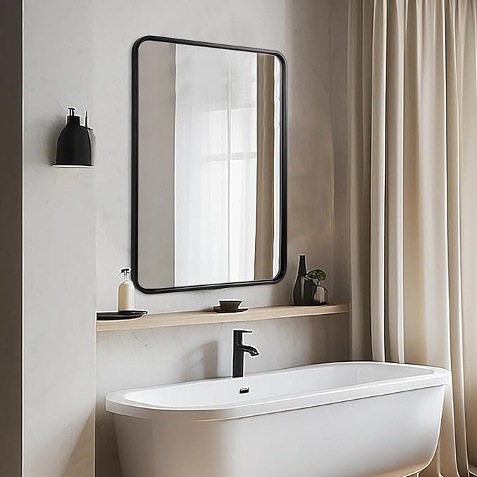ANDY STAR Black Bathroom Mirror for Wall, 30 x 40 Inch Mirrors for Vanity, Rounded Rectangle Mirror, Black Metal Framed Mirror Wall Mounted Horizontal Or Vertical