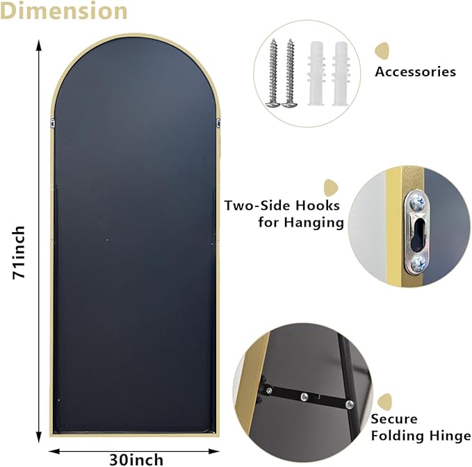 71"x30" Extra Large Arched Full Length Mirror - Leaning Mirror Arch Wall-Mounted Mirrors - Aluminum Alloy Frame Modern Simple Home Decor - for Living Room Bedroom Cloakroom, Gold