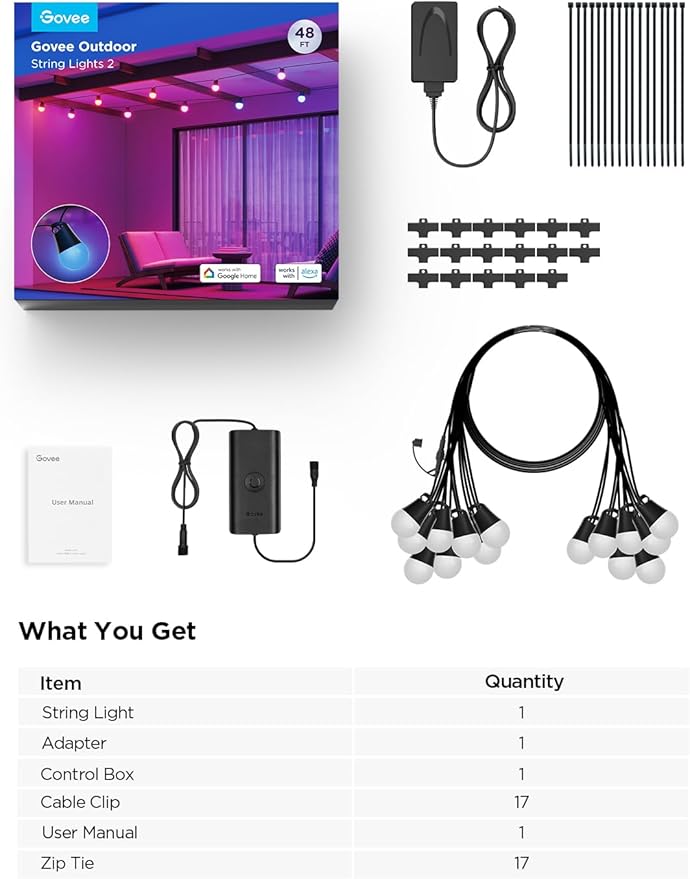 Govee Smart Outdoor String Lights 2, 48ft Outdoor Lights with Dimmable Warm White LED Bulbs, 47 Scene Modes for Patio, Backyard, Balcony, IP65 Waterproof, Works with Alexa, App Control