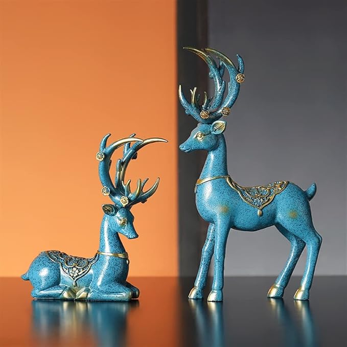 Scandinavian Mini Couple to Deer Resin Crafts Living Room Entrance Bedroom Study Decorative Animal Small Ornaments (Color : Blue)