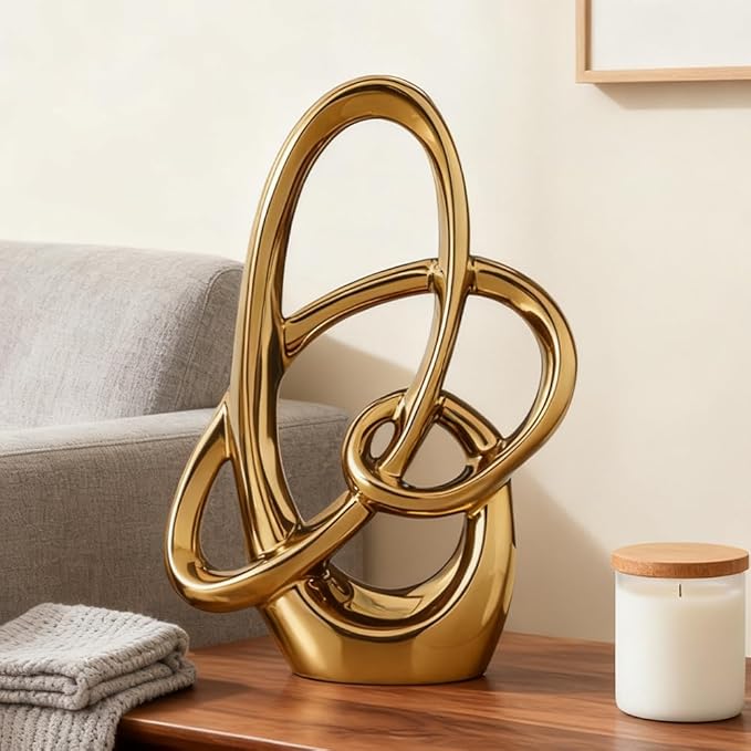 11in Gold Ceramic Statue – Modern Abstract Art Figurine for Shelf, Dining Table Centerpieces, Office, Living Room, Wedding or Coffee Table Home Decor Accent