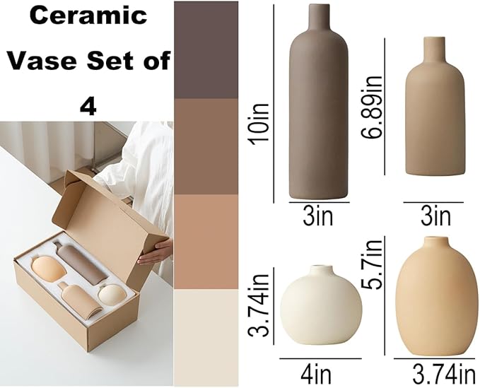 Modern Ceramic Vase Set, Neutral Colors, Decorative Vases for Home Shelf Decor, 4 Piece Collection (Coffee Mix Set 4)