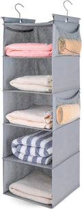 MAX Houser 5 Shelf Hanging Closet Organizer,Space Saver, Closet Hanging Shelves with (4) Side Pockets,Foldable,Light Grey
