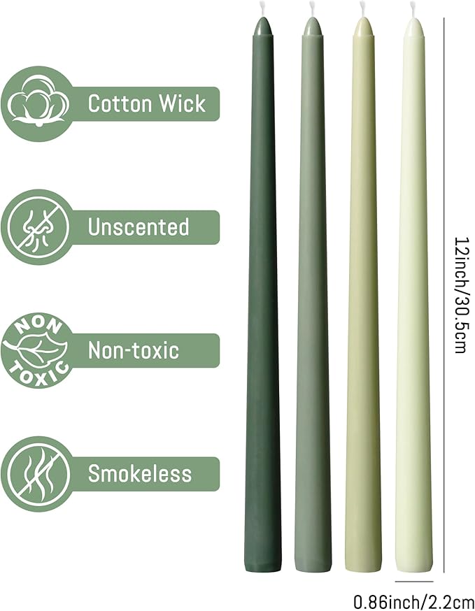 Viyffo 12 Inch Green Taper Candles Set of 4 Unscented Smokeless Long Tall Tapered Candles for Candlesticks Sticks Wedding Home Decor Dinner
