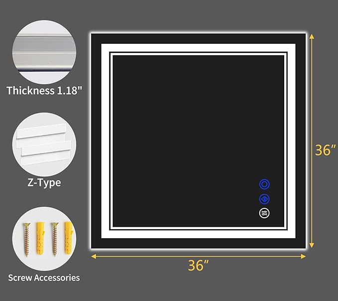 36"x36" LED Bathroom Mirror with Anti-Fog, Stepless Dimmable Lights, 3 Color Modes, Shatter-Proof Tempered Glass, Memory Function & Waterproof Design