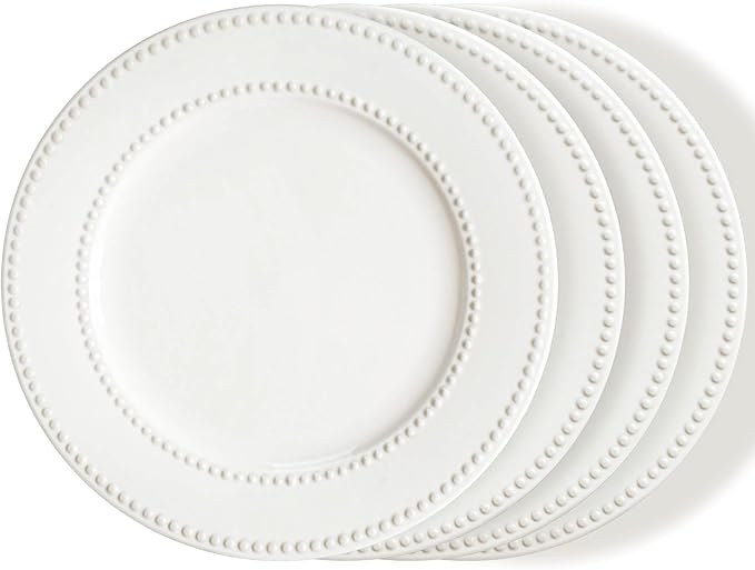 Dinner Plates Set of 4, 10.5 inch White Ceramic Plates, Embossed Salad Plates, Serving Plates for Steak Appetizer, Reusable Kitchen Dining Plates for Restaurant, Dishwasher Microwave Safe