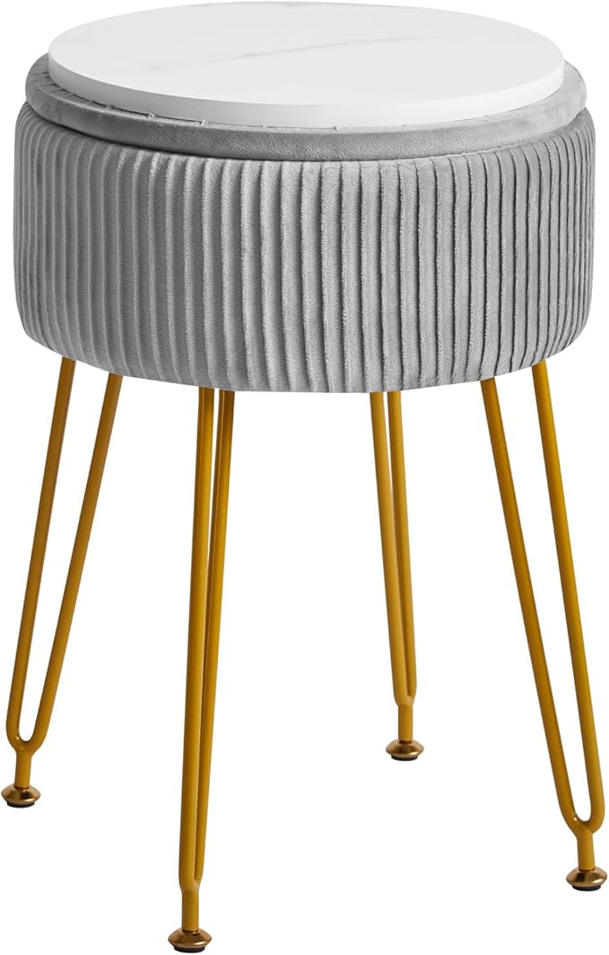 IBUYKE Velvet Storage Footrest Stool Ottoman, Makeup Vanity Stool Side Table with Golden Steel Legs Removable Cover, Coffee Table Top Cover, Grey LG-20G
