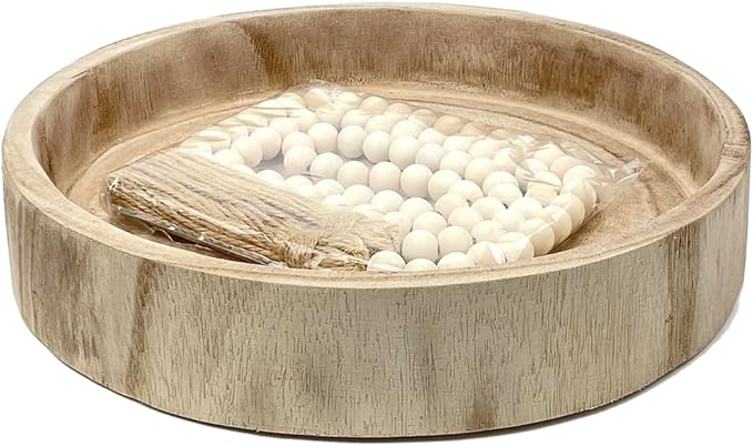12.6" Wooden Round Hand-Carved Tray and A Wood Bead Tassel String Decorative Centerpiece Paulownia Real Wood Serving Trays Wedding Farmhouse Decoration,Natural