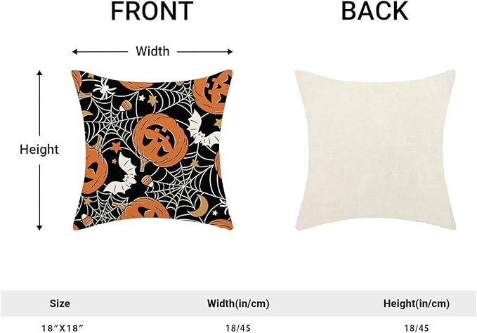 Halloween Pillow Covers 18 x 18 Inch, Burnt Orange Pumpkin Black Spider Webs Bat Decor Throw Pillows for Home Couch Bed, Fall Autumn Holiday Decorative Pillowcase Linen Cushion Cover Set of 2