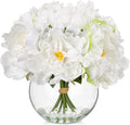 Fake Flowers in Vase White Peonies Artificial Flowers Real Touch Faux Flowers Large Peony Silk Flower Arrangements with Glass Vase with Faux Water for Home Decor Office Table Centerpiece Decorations