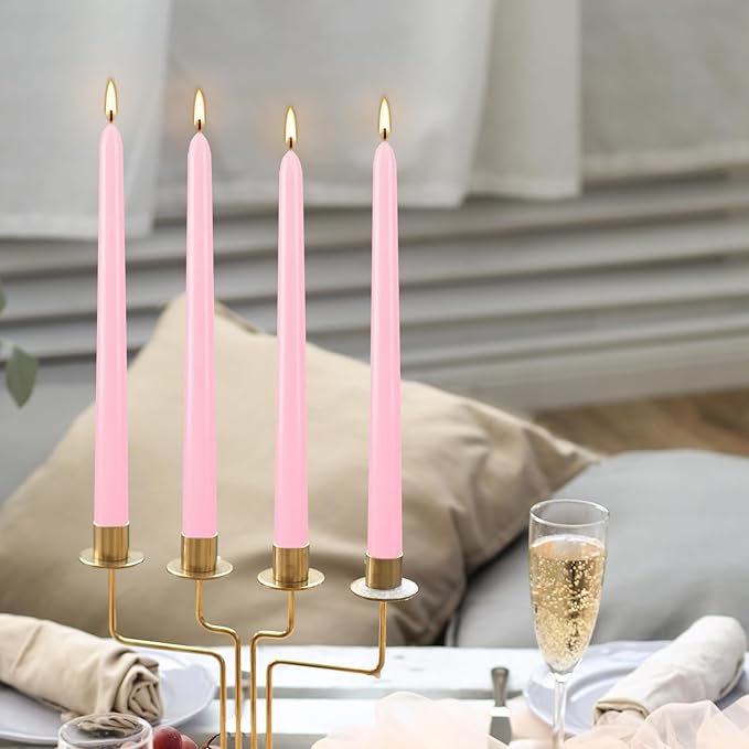 24 Pack Pink Taper Candles, 7-8 Hours Burn Time, Unscented, Smokeless and Dripless, 0.75 x 10 Inch Dinner Candle Set for Household, Wedding, Party and Home Décor Candlesticks