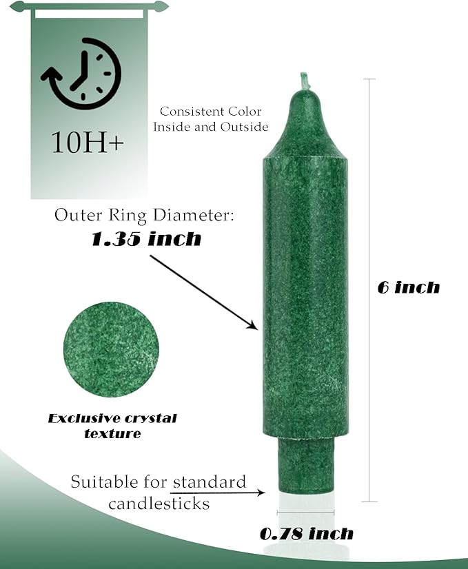 Green Short Taper Candle Sticks Dripless Tapered Candles for for Holiday Wedding Party Wax Unscented Dinner 6 inch Set of 4,Crystal Green