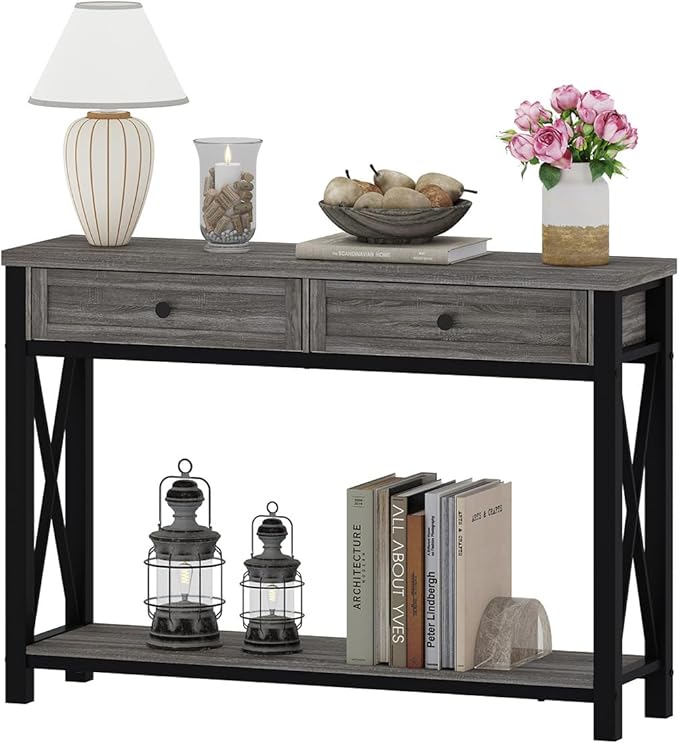BON AUGURE Sofa Table with Drawers, Console Tables for Entryway, Sofa Table with Storage, Couch Tables for Living Room, Hallway, Foyer, Entry (Dark Grey Oak, 47 Inch)