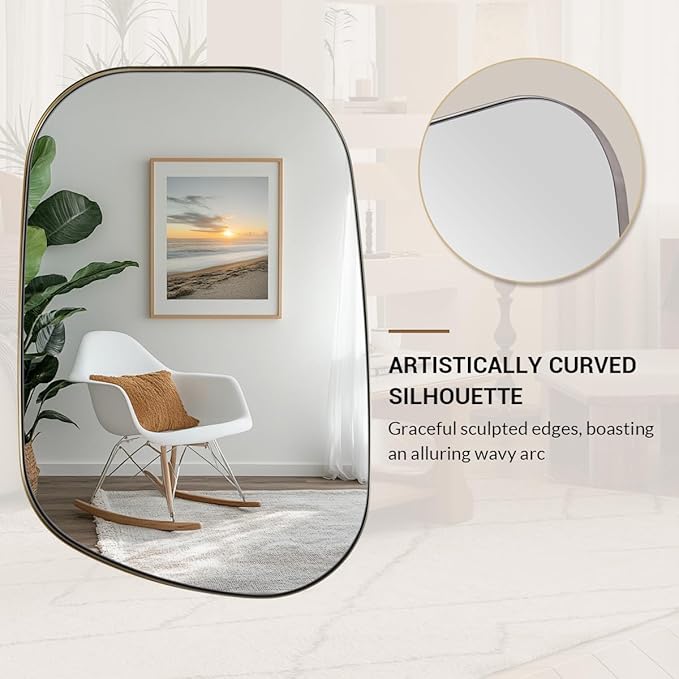 ANDY STAR Chrome Irregular Mirror, 24"x36" Silver Asymmetrical Wall Mirror in Stainless Steel Metal Frame, Unique Vanity Mirror with Modern Curved Design, Ideal for Bathroom, Bedroom, Entryway