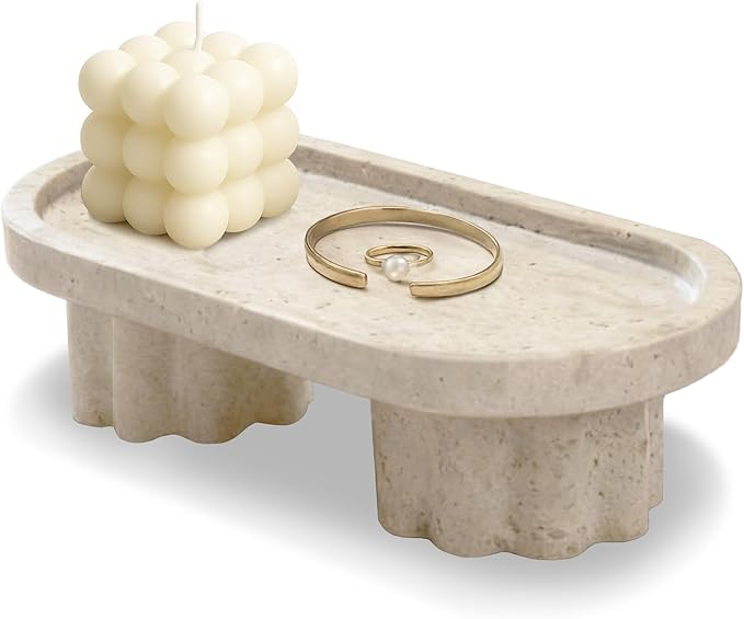 Natural Travertine Marble Oval Tray with 2 Legs, Vanity Decorative Tray for Perfume, Candles, Jewelry Dish,Countertop Storage Organizer for Home Decor (Beige)
