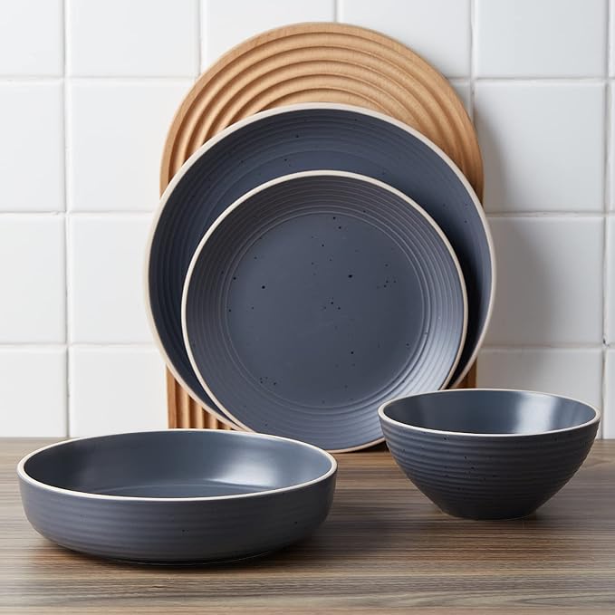 Stone Lain Lauren Stoneware, Rustic Plates and Bowls Set, Dinnerware, Service for 8, Speckled Charcoal, Dishwasher & Microwave Safe, 32-Piece