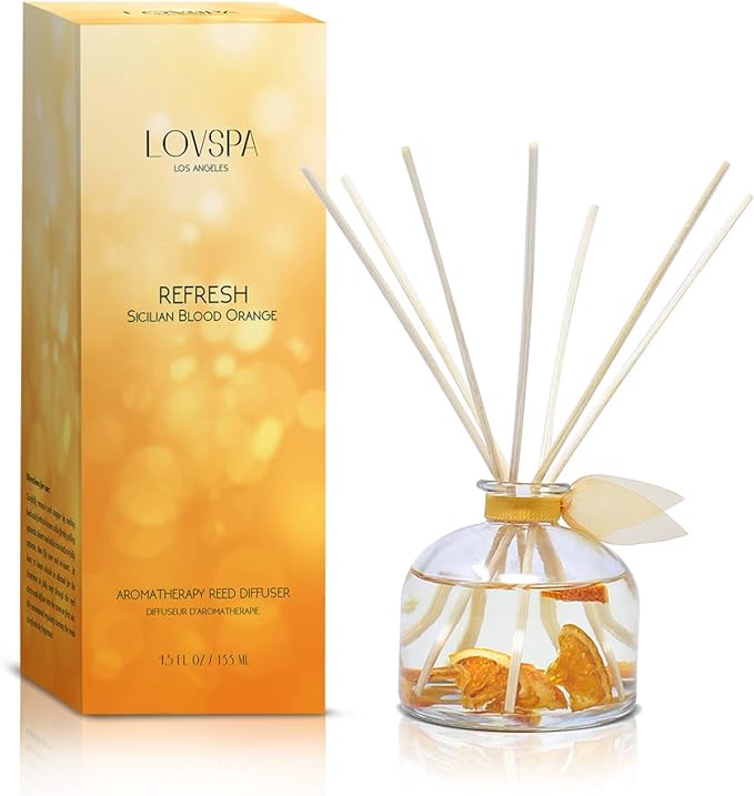 LOVSPA Reed Diffuser Set, Refresh Sicilian Blood Orange Scented Oil Diffuser with Sticks, Home Fragrance Accessories for Bathroom Shelf Decor, Aroma Diffusers for Home or Office Desk, USA Made