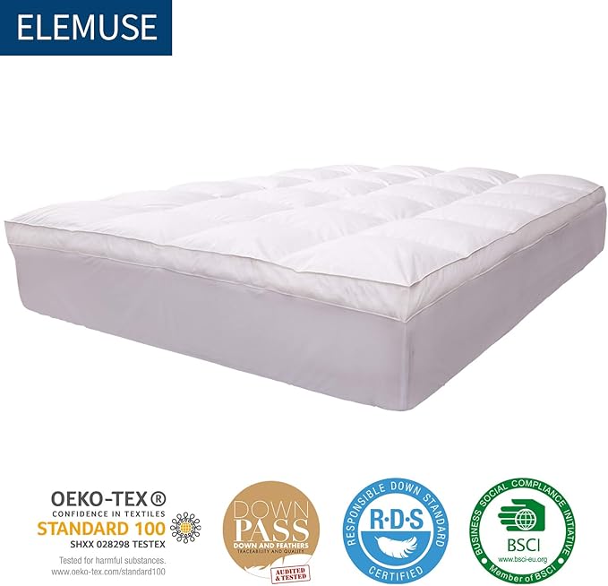 ELEMUSE Twin Size Extra Thick Fusion Goose Down Feather Filled Mattress Topper, Plush Fluffy Double Layer Pillowtop Mattress Pad Cover, Soft Featherbed with 8-21 Inch Deep Pocket
