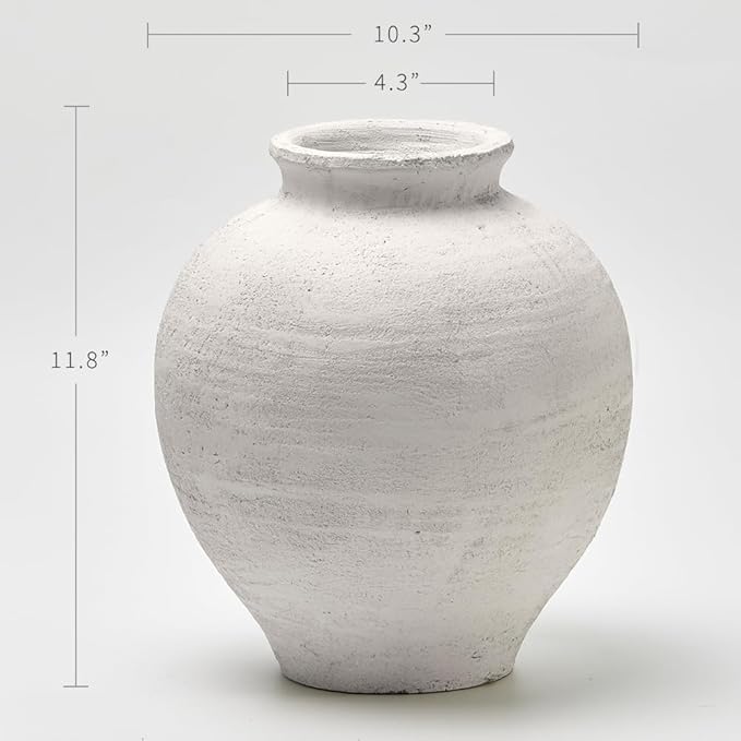 LB2 Large White Ceramic Vase, 11" Tall Zen Style Rustic vase, Terra Cotta Pitcher Vase, Distressed Farmhouse Decor, Pottery Decorative Flower for Home Decor (H 11.8" X 11")