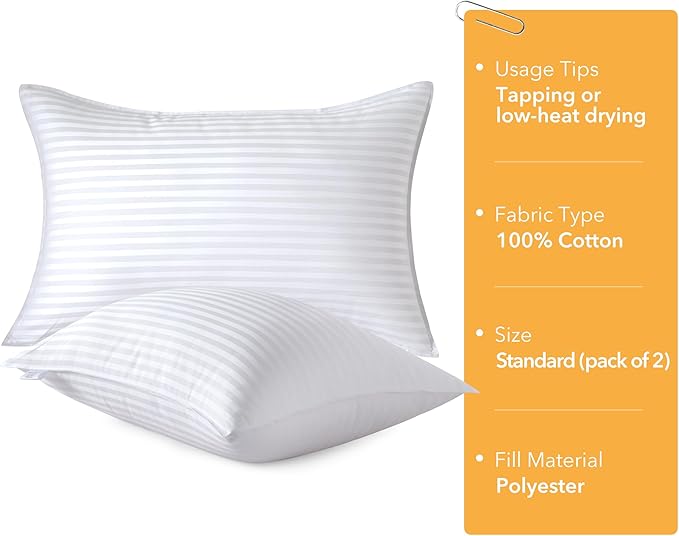 Oubonun Standard Size Pillows Set of 2 - Fluffy & Supportive Down Alternative Pillows with Zippered Cotton Cover - Breathable and Cool for All Sleeping Positions - Machine Washable - 20"x26"
