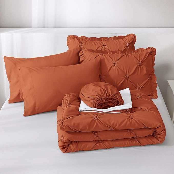 JOLLYVOGUE Burnt Orange Full Size Comforter Sets 7 Pieces, Pintuck Bed in a Bag Comforter Set for Bedroom, Bedding Comforter Sets with Comforter, Sheets,Ruffled Shams & Pillowcases