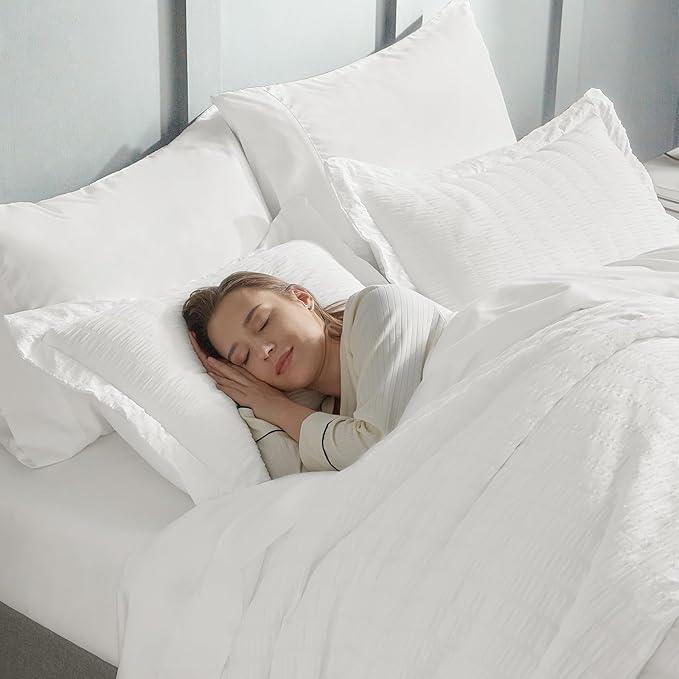 CozyLux Twin Comforter Set with Sheets 5 Pieces, White Seersucker Textured Bed in a Bag for Girls, Luxury Soft Bedding Set with Down Alternative Comforter, Sheets, Pillowcases & Shams for All Seasons