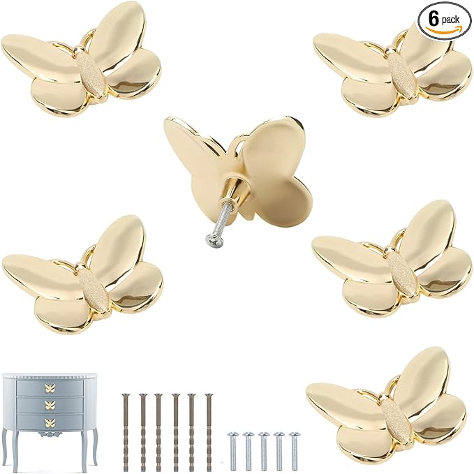 Gold Butterfly Cabinet Knobs Kitchen Hardware for Cabinets Cute Animal Dresser Knobs Furniture Cupboard Handles Single Hole Drawer Knobs and Pulls 6 Pcs (Gold,6Pcs)