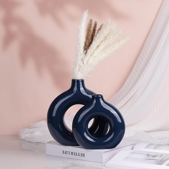 Bright Blue Ceramic Vase Set of 2 - Decorative Circular Blue Vases for Centerpieces, Farmhouse and Home Decor - Ideal for Living Room, Kitchen, Bedroom, Dining Table and Office Decor