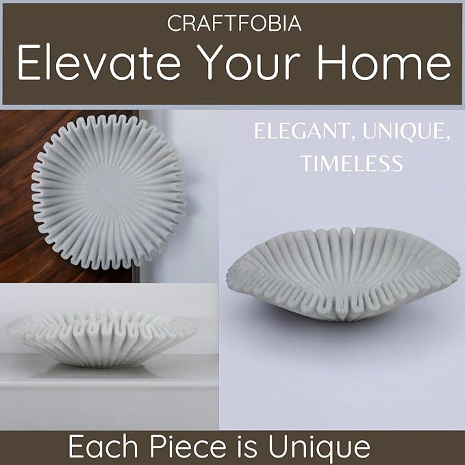 Marble Ruffle Bowl Handcrafted Decorative ScallopBowls - Antique Catchall Jewelry Dish Fruit Organizer for Home & Kitchen (12 inches)