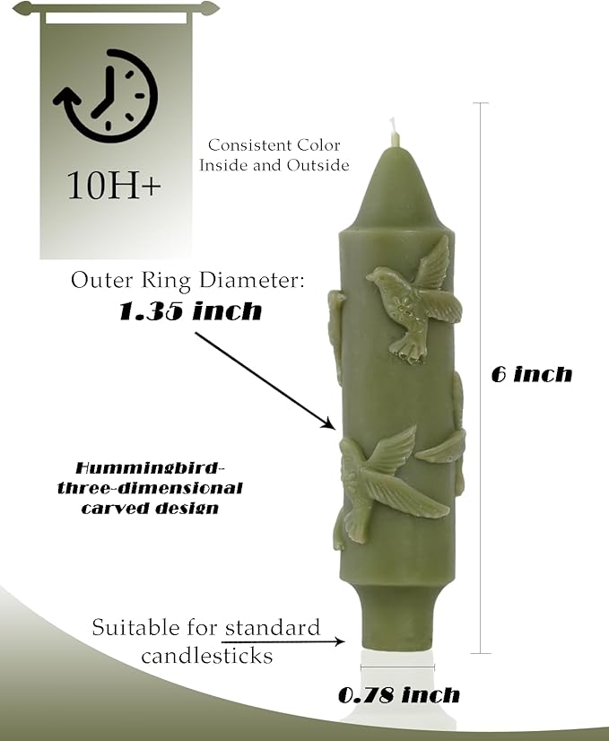 Olive Green Short Taper Candle Hummingbird CandleSticks Dripless Mini Tapered Candles for Christmas Home Decor 6 inch Set of 4
