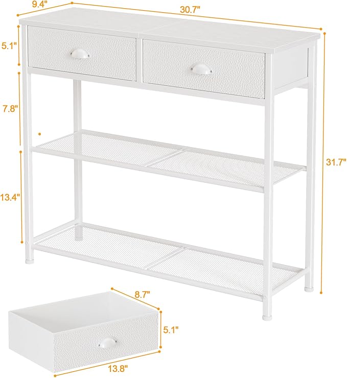 Furologee 30'' Entryway Table, White Console Table with Storage, Narrow Sofa Table with 2 Drawers and 2 Shelves for Hallway, Living Room, Bedroom, Foyer, Couch, Tv