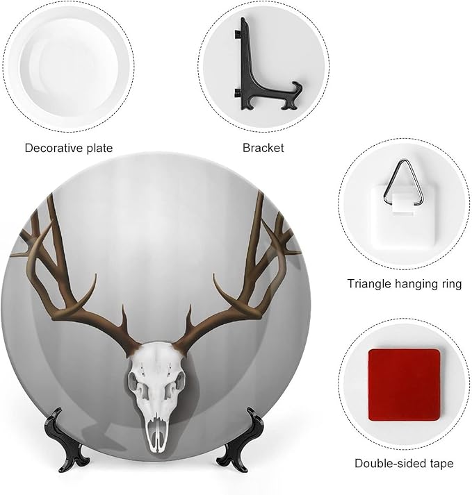 XISUNYA 10 Inch Decorative Plate,Antler Decor Ceramic Craft, Deer Skull with Large Horns Elk Skeleton Print Ornament Display Plate Decor Accessory for Dining, Parties, Wedding