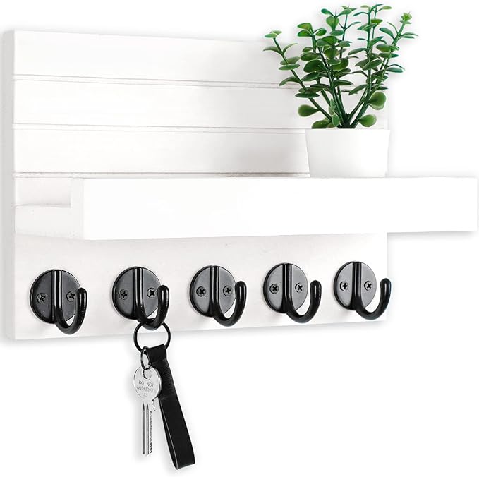 Key Holder for Wall, Decorative Key and Mail Holder with Shelf Has Large Key Hooks for Bags, Coats, Umbrella – Paulownia Wood Key Hanger with Mounting Hardware (9.8”W x 6.7”H x 4.2”D)