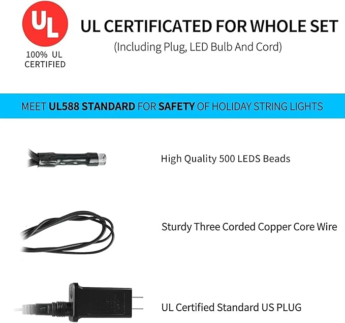 170FT 500LEDs Christmas Lights Outdoor Indoor String Lights 8 Modes Memory Function for Christmas Tree Party Decoration, 100% UL Listed (Multicolor)