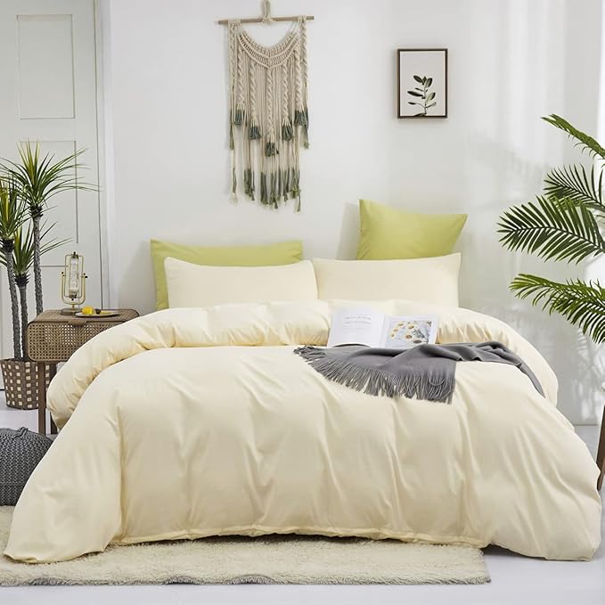 KAREVER Light Yellow Comforter Set Queen Off White Bedding Set Men Beige Breathable Ivory Bedding Set Women Soft Off White Queen Ivory Bedding Comforter Set Queen