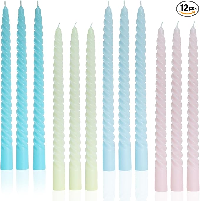 Colored Taper Candles Spiral Candle Sticks in Rainbow Colors,Unscented Pastel Candle for Holiday,Wedding and Home Decoration,10inch,12 Pack(E-4colored)