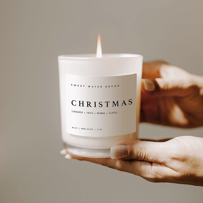Sweet Water Decor Christmas Candle - Christmas Tree, Apple Cider, and Cinnamon, Winter Holiday Scented Soy Candles for Home - 11oz White Jar, 50+ Hour Burn Time, Made in The USA