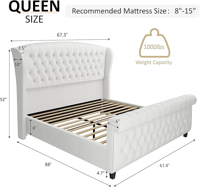 AMERLIFE Queen Size Platform Bed Frame, Chenille Upholstered Sleigh Bed with Scroll Wingback Headboard & Footboard/Button Tufted/No Box Spring Required/Cream