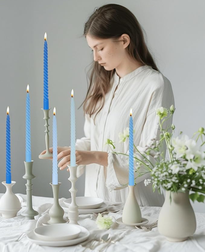 Taper Candle Blue Spiral Candle Sticks,Unscented Pastel Candle for Holiday,Wedding and Home Decoration,10inch,12 Pack(E-Gradient Blue)