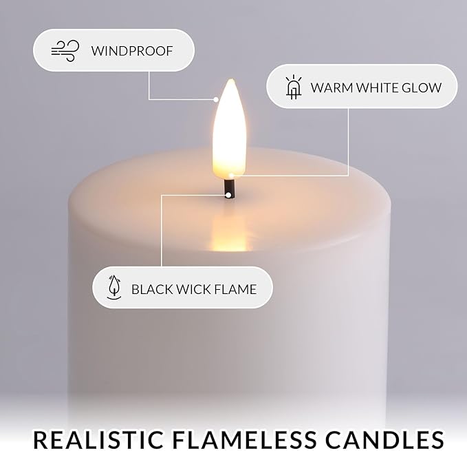 Eywamage White Real Wax Flameless Pillar Candles with Remote, Flickering Flat Top LED Battery Candles Set of 3