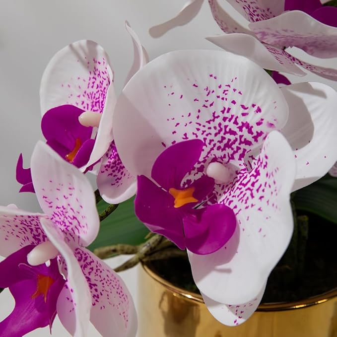 LESING Artificial Orchid Flower with Vase Realistic Orchids Faux Flower Fake Orchid Bonsai Plants in Pot Arrangement for Home Wedding Party Dining Table Centerpiece Decor (White Purple,Gold Vase)