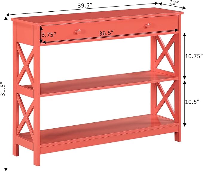 Convenience Concepts Oxford 1 Drawer Console Table with Shelves, Coral