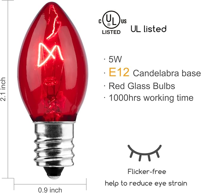 25 Pack Replacement C7 Light Bulbs for E12 Base Christmas String Lights, Classic Christmas Bulbs for Holiday Party Indoor Outdoor Garden Backyard Cafe Xmas Decoration, Red