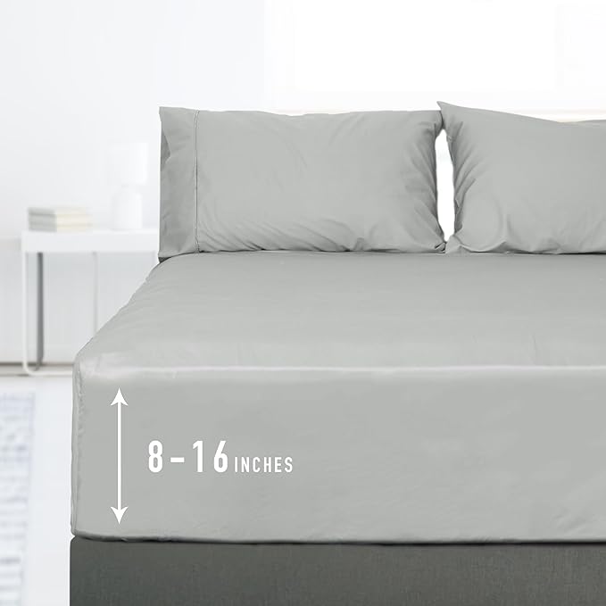 Sunflower Queen Fitted Sheet, 1-Piece Deep Pocket Fitted Bottom Sheet 16", 100% Cotton Sateen Soft Breathable, Silver Gray